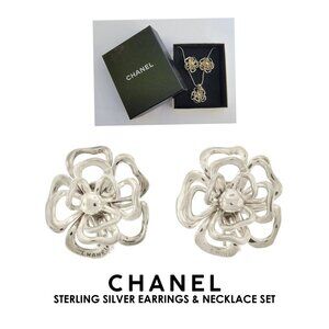 CHANEL Sterling Silver (925) Earrings & Necklace Camellia Flower Set, CHANEL Box